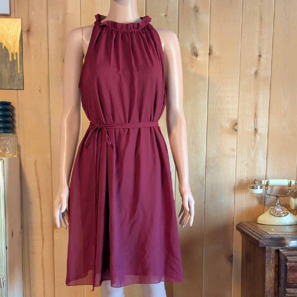 Burgundy Ruffle Neck Midi Dress